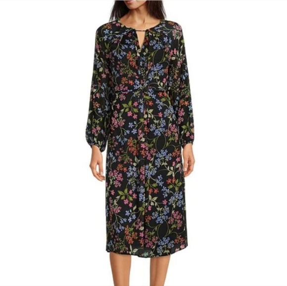 Calvin Klein Floral Print Long Blouson Sleeve Round Keyhole Neck Crinkle… - Picture 1 of 7